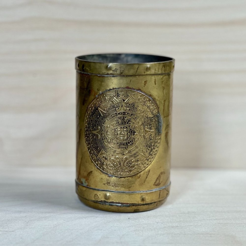 Vintage Brass Mug with Mayan Calendar Aztec Mexican Cup with Emblem Unique Gift